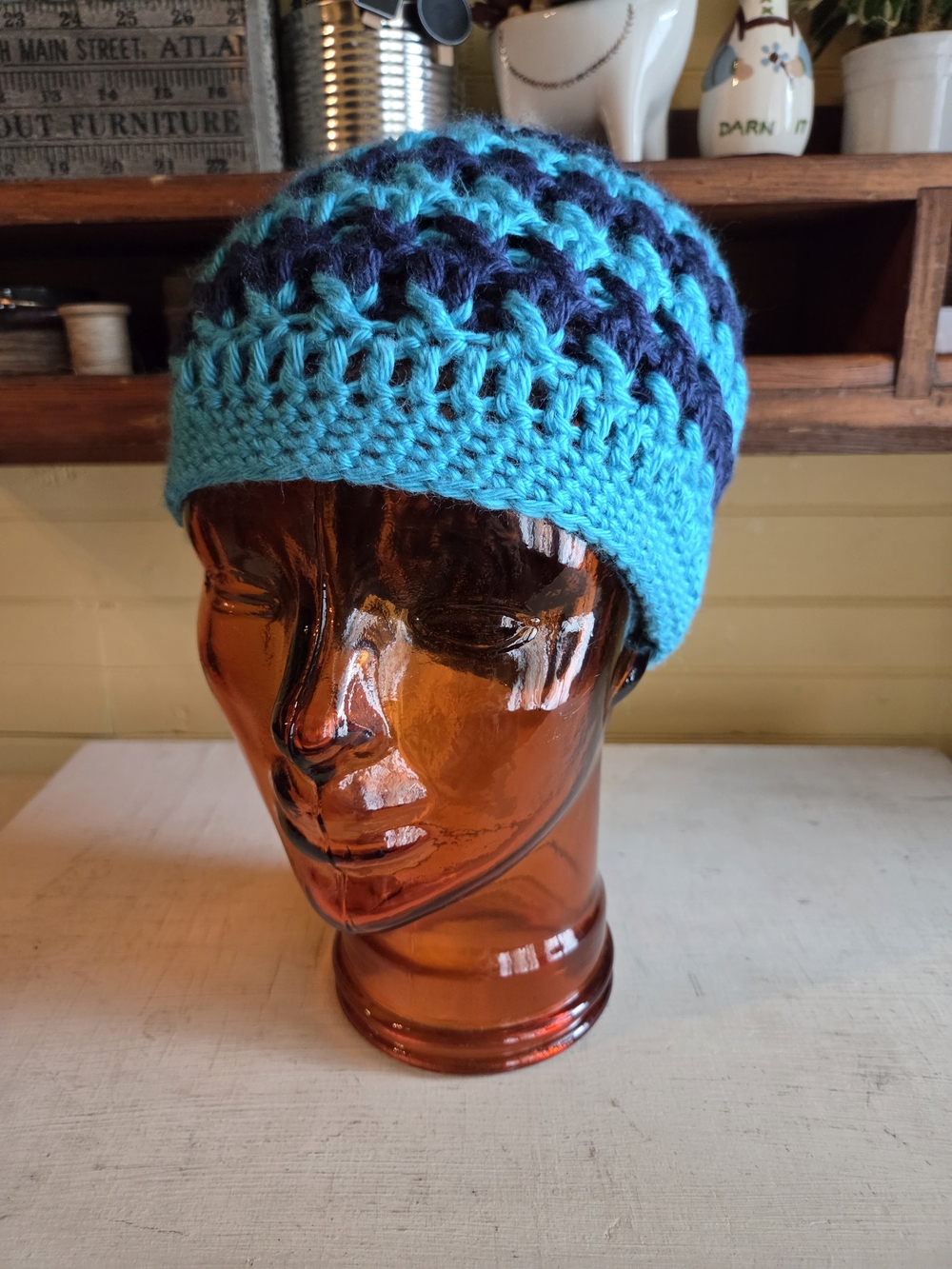 Handmade Turquoise & Navy Crochet Beanie - Women's Knit Hat